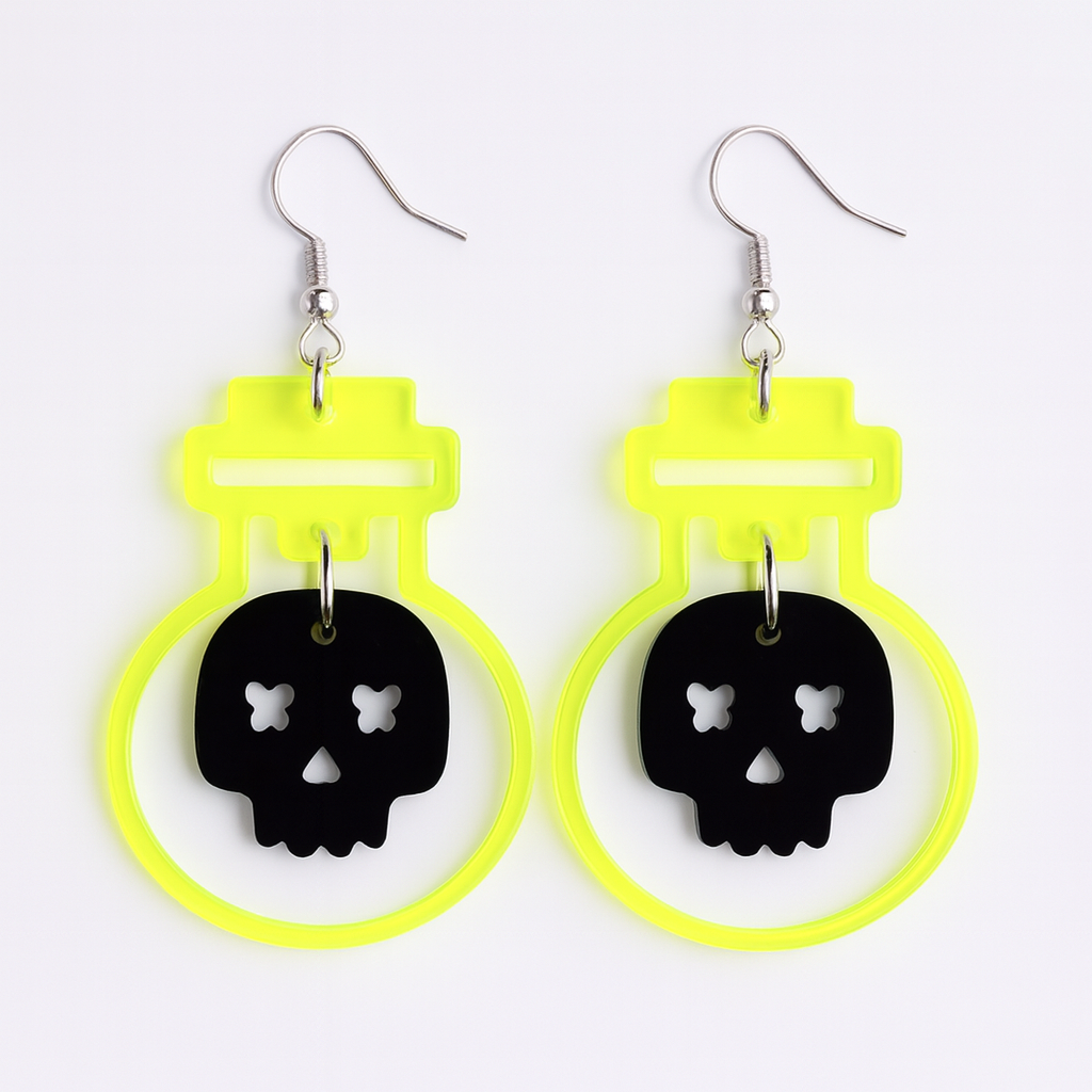 π Neon Skull Potion Bottle Dangle Earrings | Halloween Jewelry