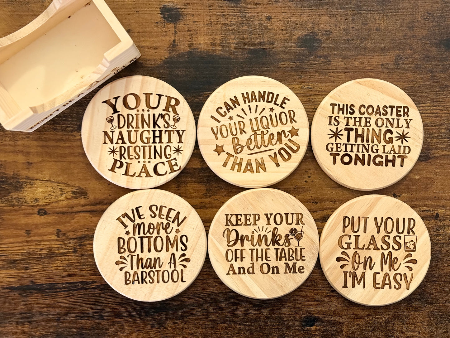 🔥 Naughty Engraved Wooden Coaster Set (Set of 6)