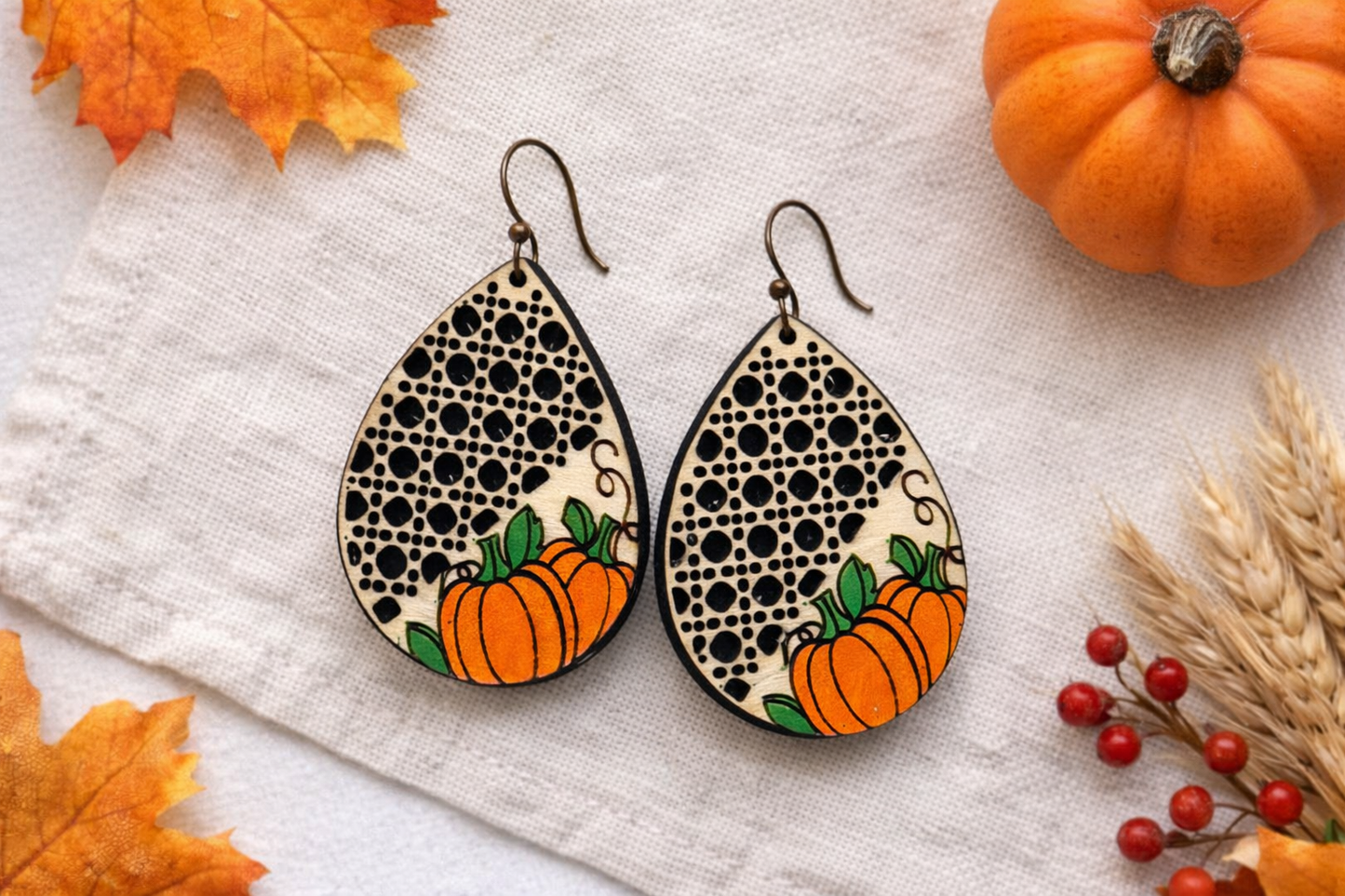 Hand-Painted Pumpkin Lace Teardrop Earrings | Wooden Fall Earrings | Rustic Autumn Jewelry | Teacher Gift