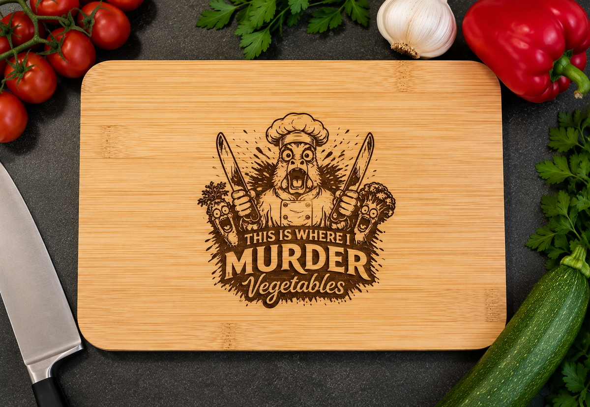 Bamboo cutting board engraved with chicken chef holding knives and “This Is Where I Murder Vegetables” funny kitchen design