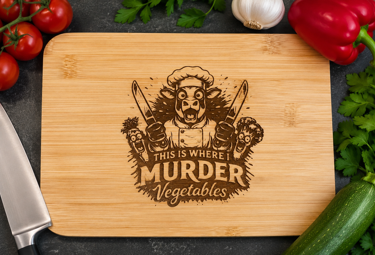 Bamboo cutting board engraved with cow chef holding knives and “This Is Where I Murder Vegetables” funny kitchen design