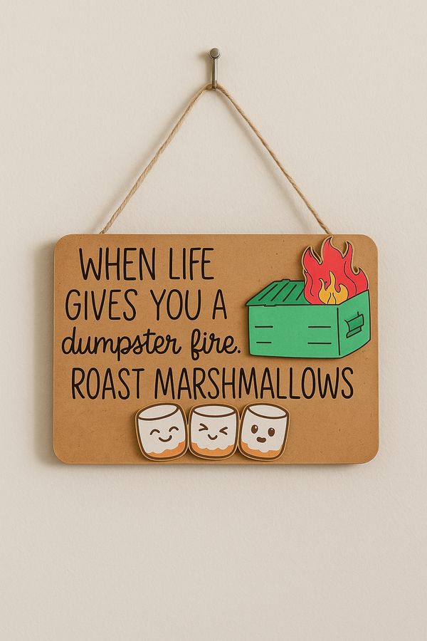 Hand-painted 5x7 wooden wall sign that says ‘When life gives you a dumpster fire, roast marshmallows,’ with cute marshmallow characters.