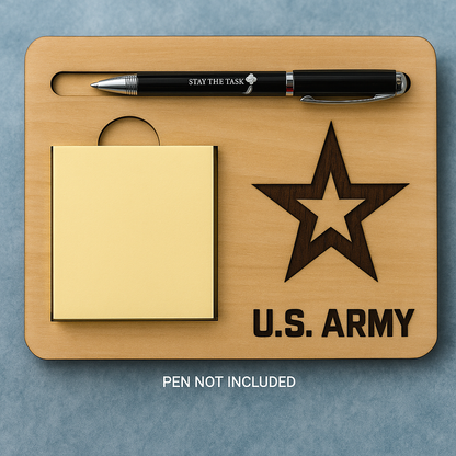 U.S. Army Wooden Sticky Note Holder & Matching Coaster | Military Desk Organizer Gift for Soldiers & Veterans