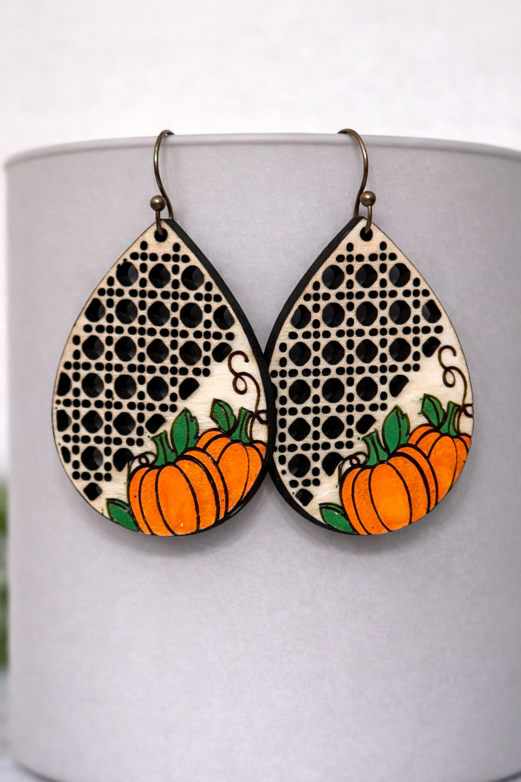 Hand-Painted Pumpkin Lace Teardrop Earrings | Wooden Fall Earrings | Rustic Autumn Jewelry | Teacher Gift