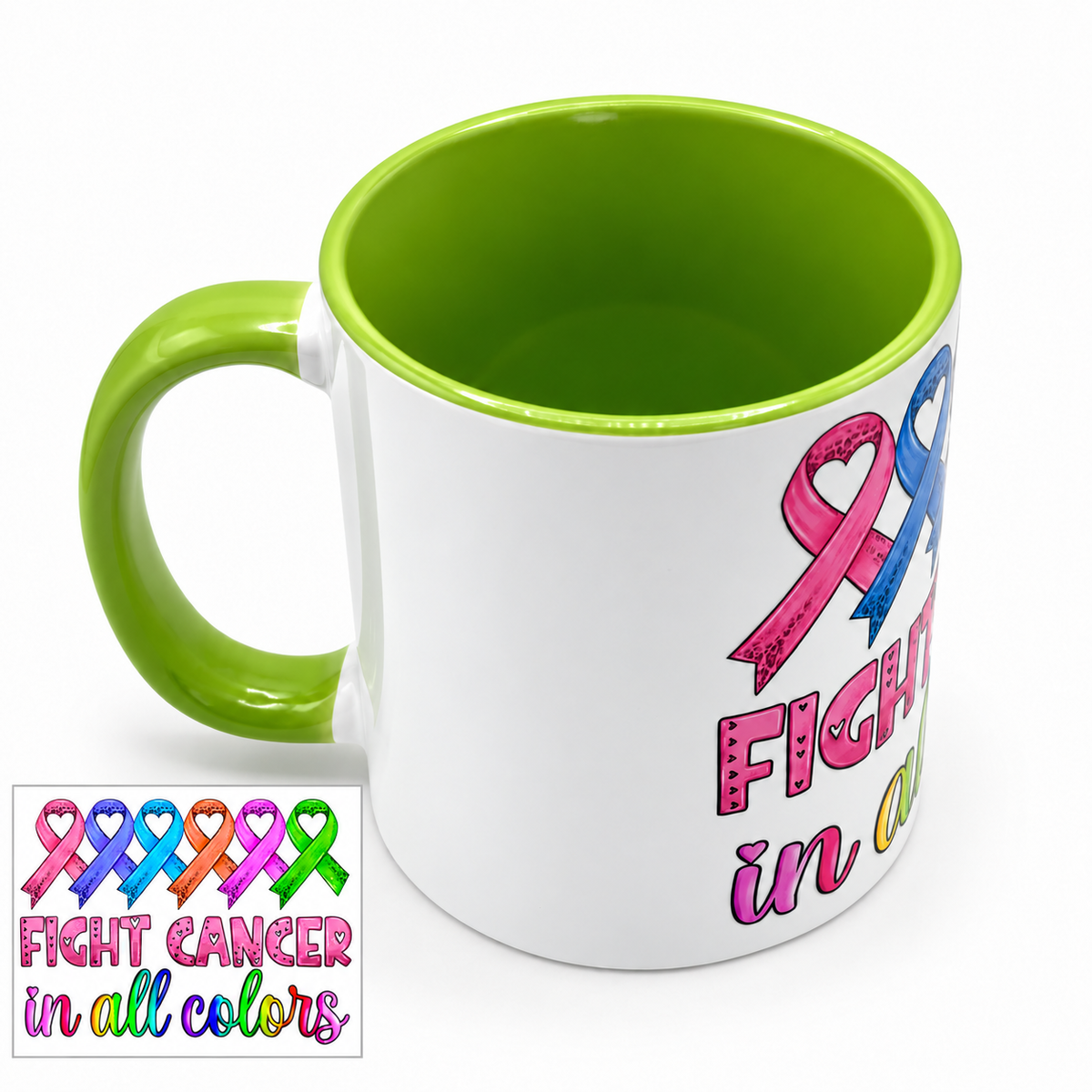 White cancer awareness mug with colorful ribbons, “Fight Cancer in All Colors” design, and a green interior and handle.