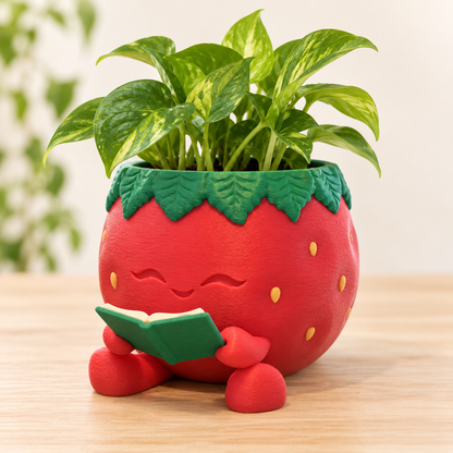 Reading Strawberry Planter | Cute 3D-Printed Plant Pot | Book Lover Gift | Whimsical Desk Décor