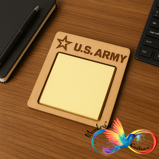 U.S. Army Wooden Sticky Note Holder & Matching Coaster | Military Desk Organizer Gift for Soldiers & Veterans