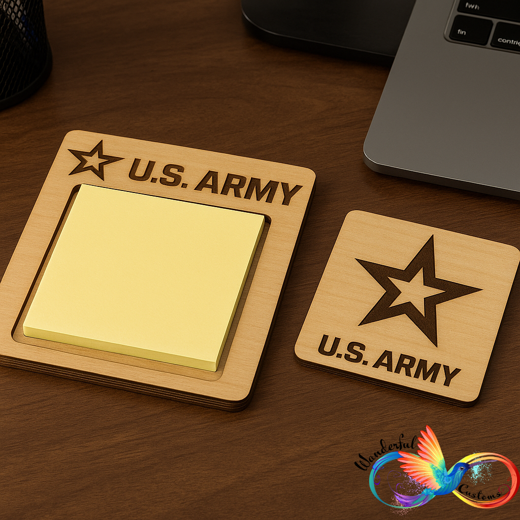 Handcrafted wooden U.S. Army sticky note holder with matching engraved coaster, designed for military desk organization and patriotic office decor.
