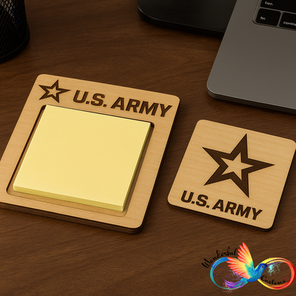 Handcrafted wooden U.S. Army sticky note holder with matching engraved coaster, designed for military desk organization and patriotic office decor.