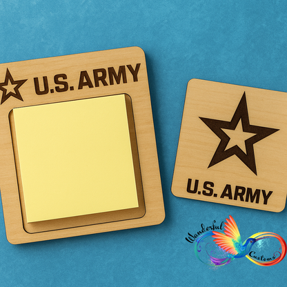 Handcrafted wooden U.S. Army sticky note holder with matching engraved coaster, designed for military desk organization and patriotic office decor.